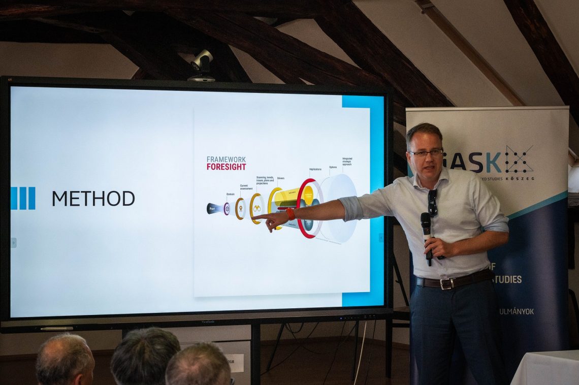 Előadó a Kőszegi Nyári Egyetem keretrendszer ábráját mutatja. Felirat: "Framework Foresight Method