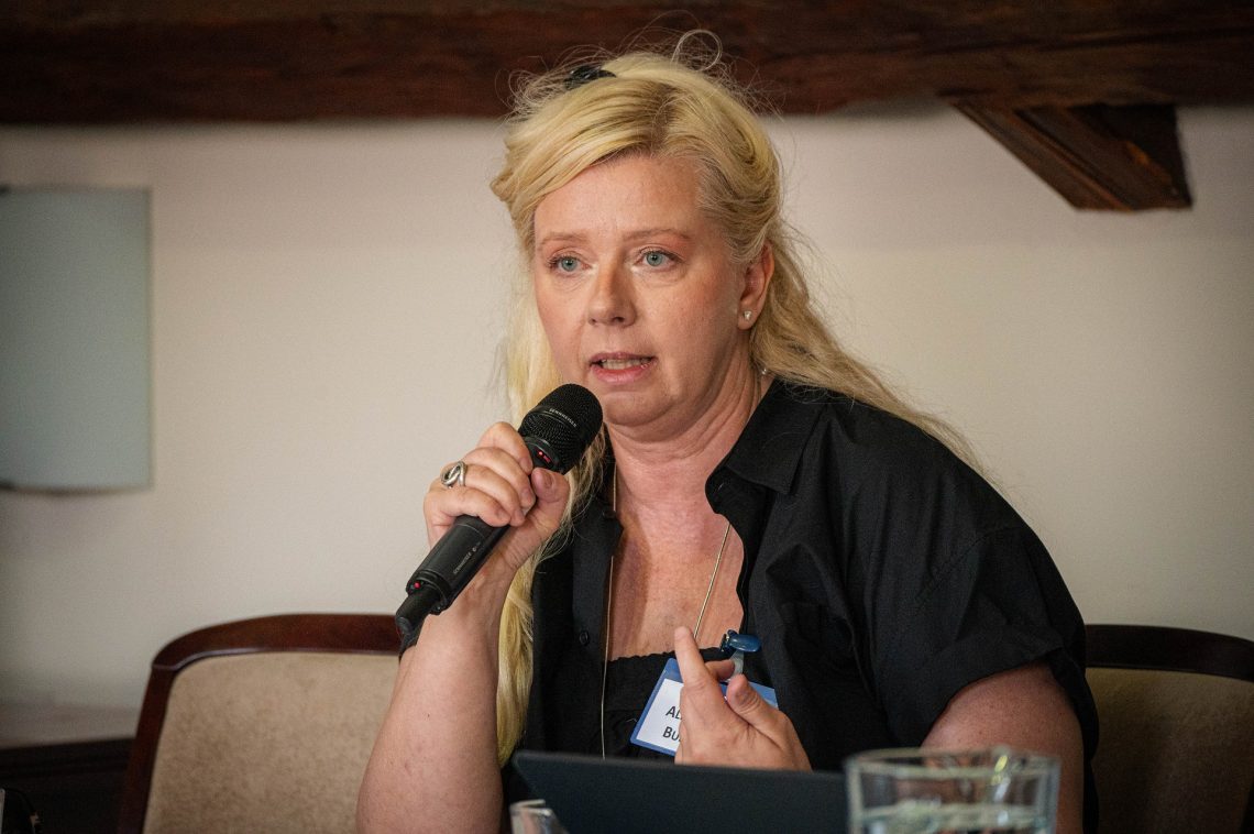 A 30. Nemzetközi Nyári Egyetem előadója mikrofonnal, Kőszeg.