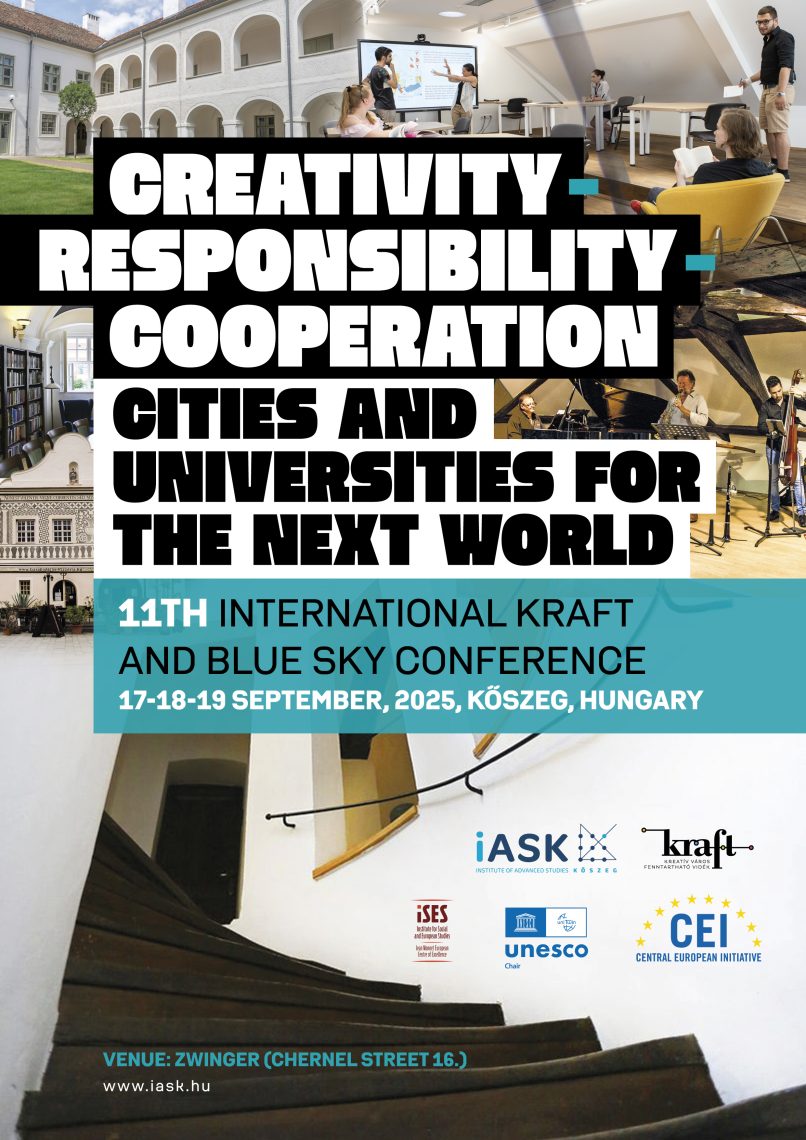A KRAFT és Blue Sky konferencia plakátja Kőszegen, 2025. Szeptember 17-19. Kreativitás, felelősség, együttműködés.