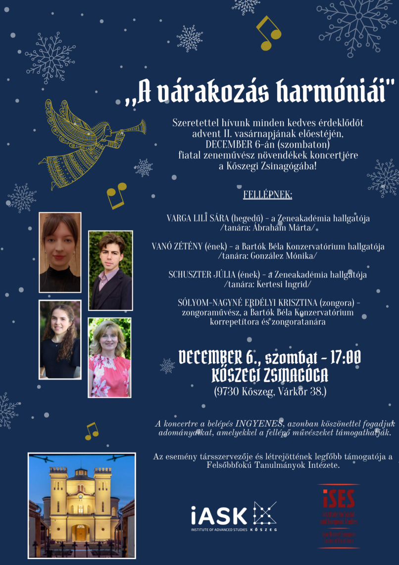 Kőszegi Zsinagóga adventi koncert plakátja: "A várakozás harmóniái", fellépőkkel és támogatókkal.