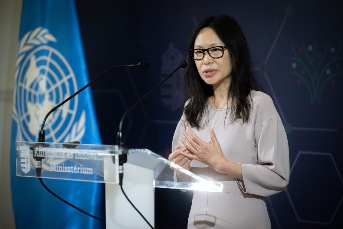 Nő beszél a pulpitusról az ENSZ zászlaja mellett. Megállapodás Kőszegen.