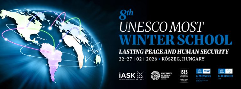 A 8. UNESCO MOST Téli Iskola plakátja: Tartós Béke és Emberi Biztonság, 2026, Kőszeg.