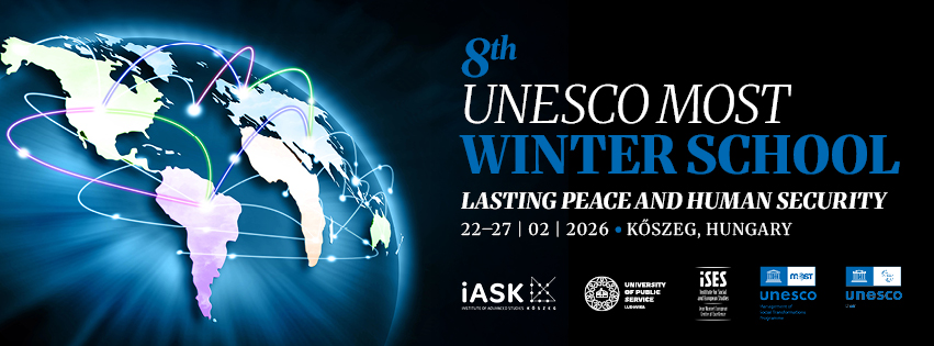A 8. UNESCO MOST Téli Iskola plakátja: Tartós Béke és Emberi Biztonság, 2026, Kőszeg.
