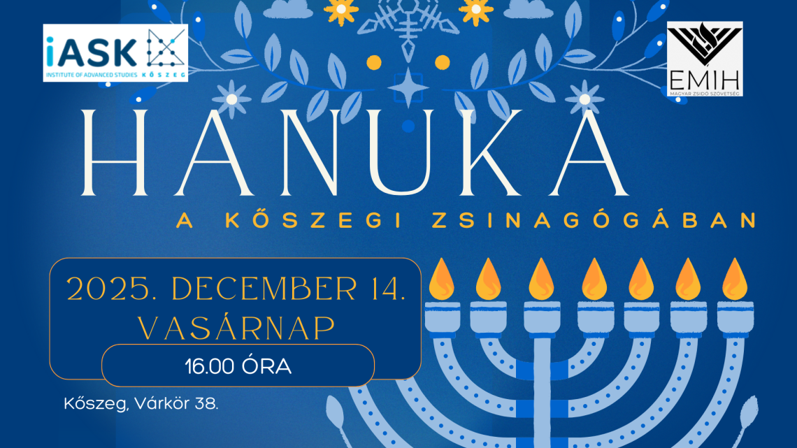 Hanuka ünnepi plakát Kőszegen, 2025. december 14-én. Feliratok: Hanuka, ¡ASK, EMIH.