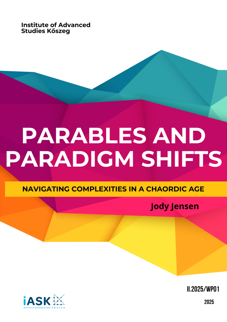 Könyvborító: "Parables and Paradigm Shifts" (Példázatok és Paradigmaváltások), Jody Jensen, absztrakt háttérrel.